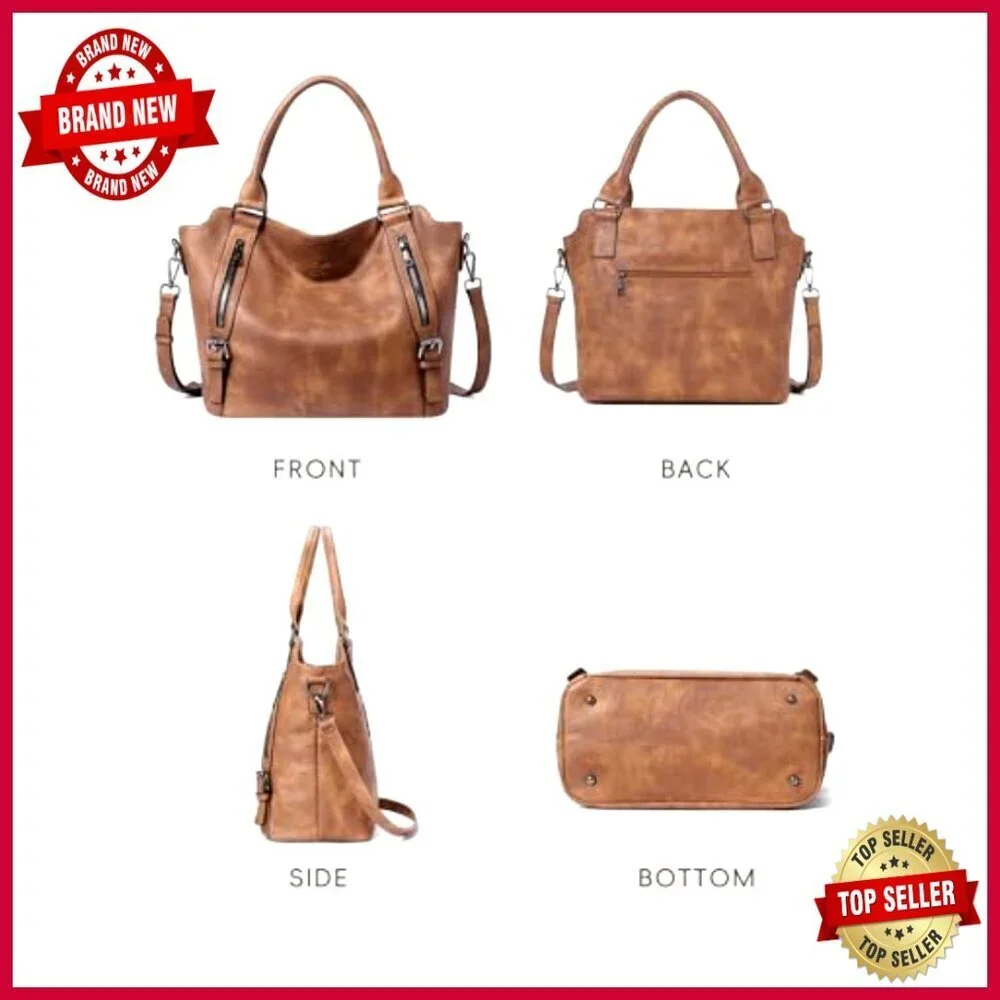 Large Vegan Leather Hobo Tote with Adjustable Strap, Multiple Pockets